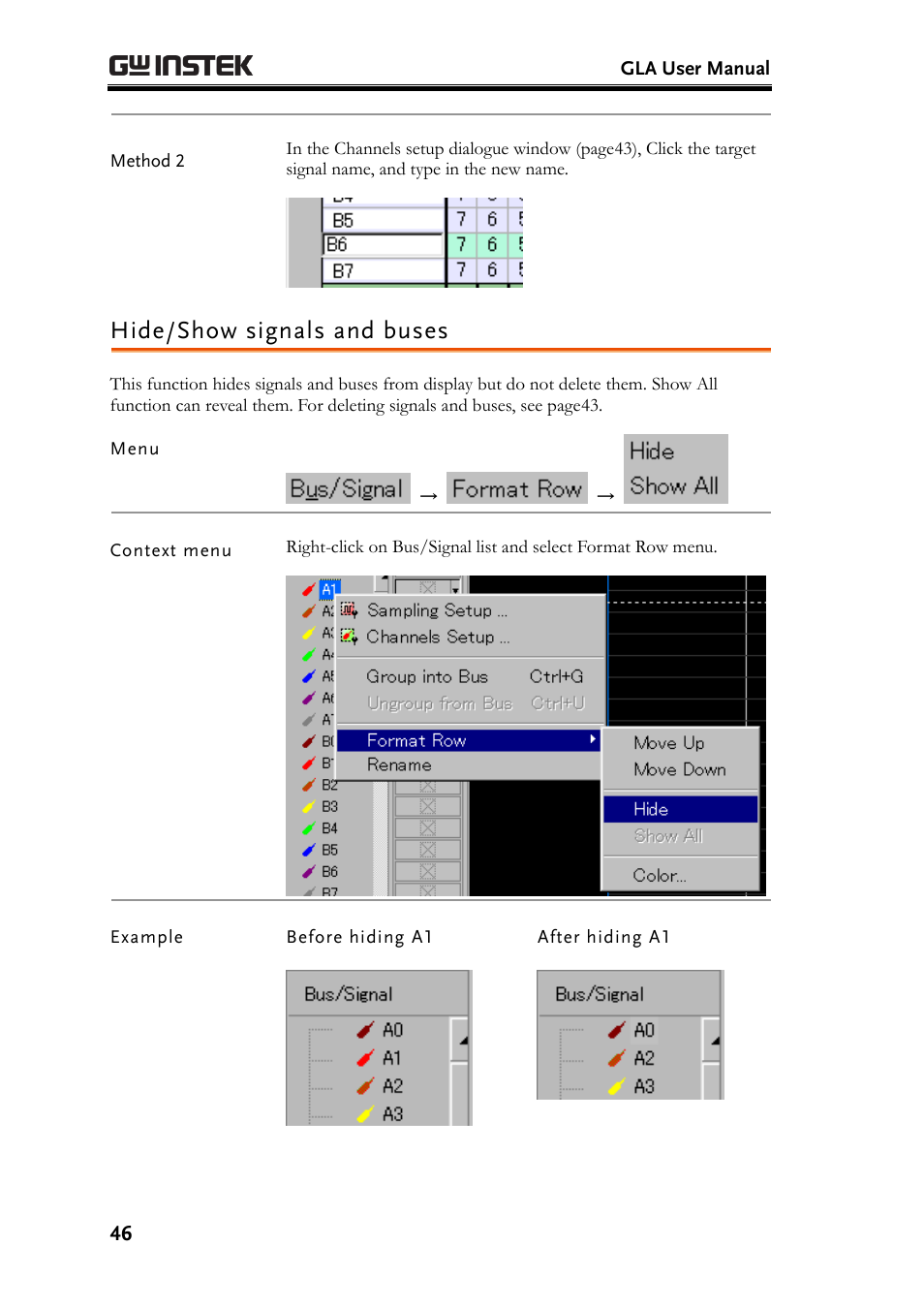 Hide/show signals and buses | GW Instek GLA-1000 Series User Manual User Manual | Page 46 / 111