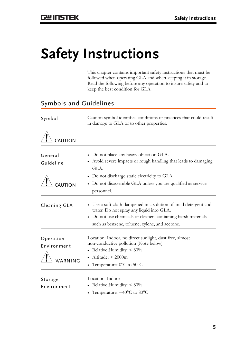 Safety instructions, Symbols and guidelines | GW Instek GLA-1000 Series User Manual User Manual | Page 5 / 111