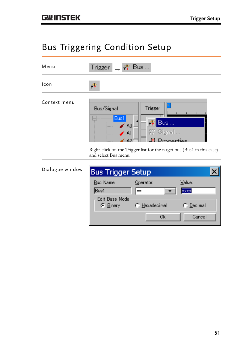 Bus triggering condition setup | GW Instek GLA-1000 Series User Manual User Manual | Page 51 / 111