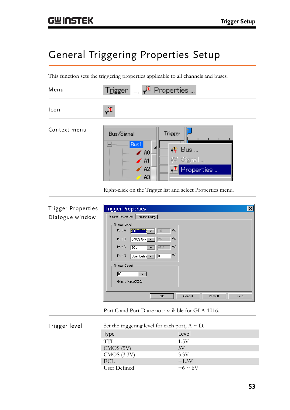 General triggering properties setup, Trigger level | GW Instek GLA-1000 Series User Manual User Manual | Page 53 / 111