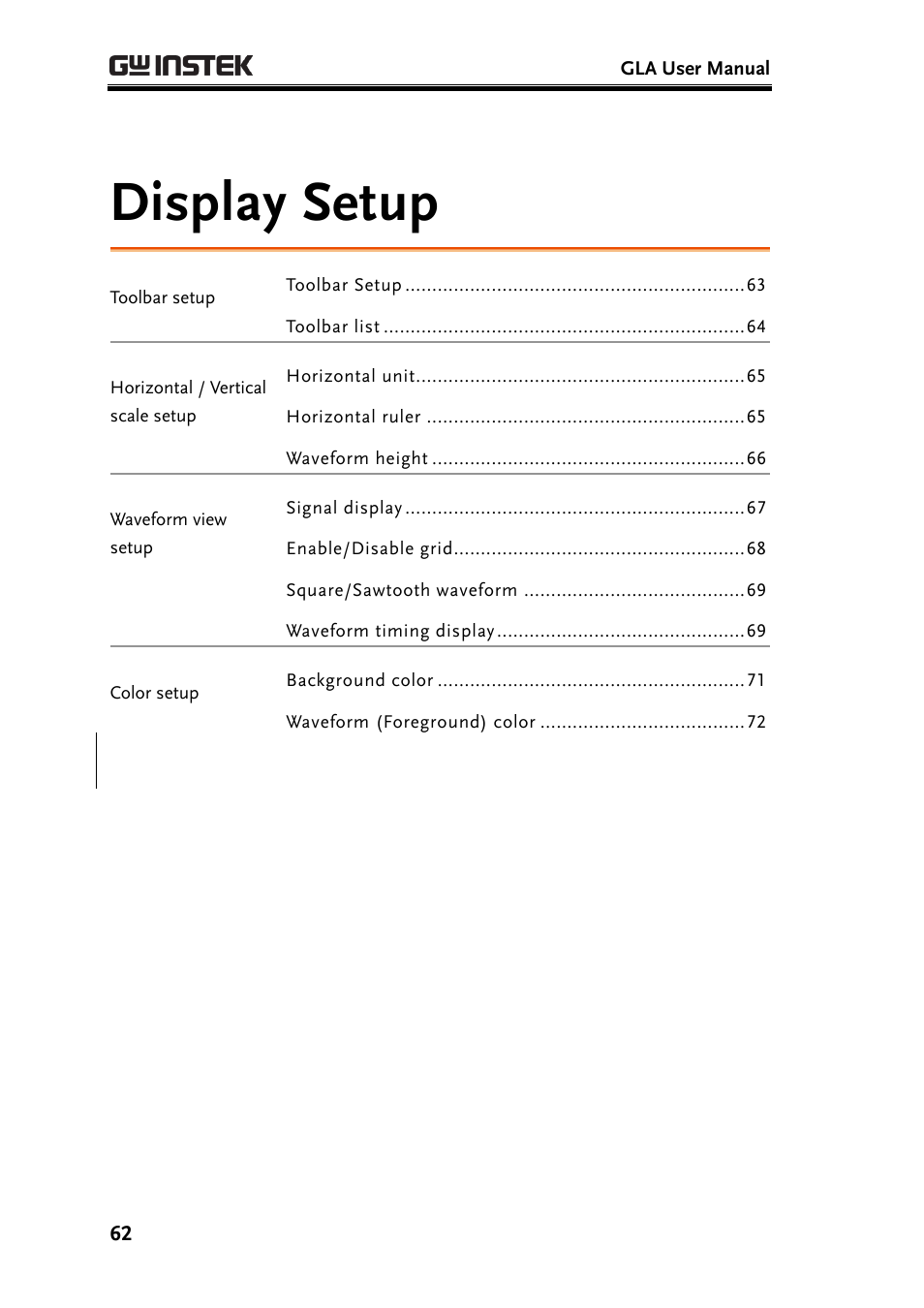 Display setup, E62), E62), s | GW Instek GLA-1000 Series User Manual User Manual | Page 62 / 111