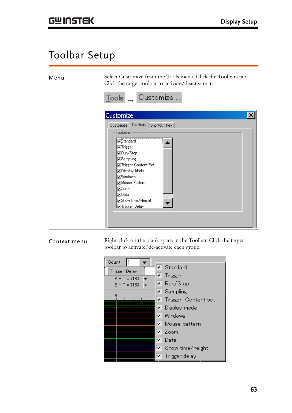 Toolbar setup | GW Instek GLA-1000 Series User Manual User Manual | Page 63 / 111