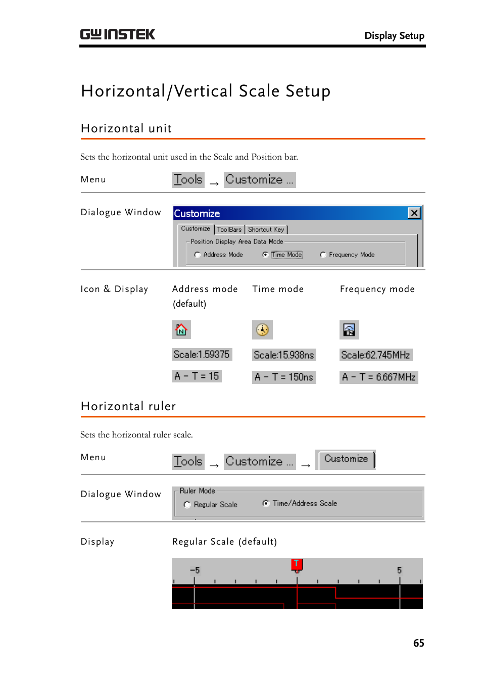 Horizontal/vertical scale setup, Horizontal unit, Horizontal ruler | GW Instek GLA-1000 Series User Manual User Manual | Page 65 / 111