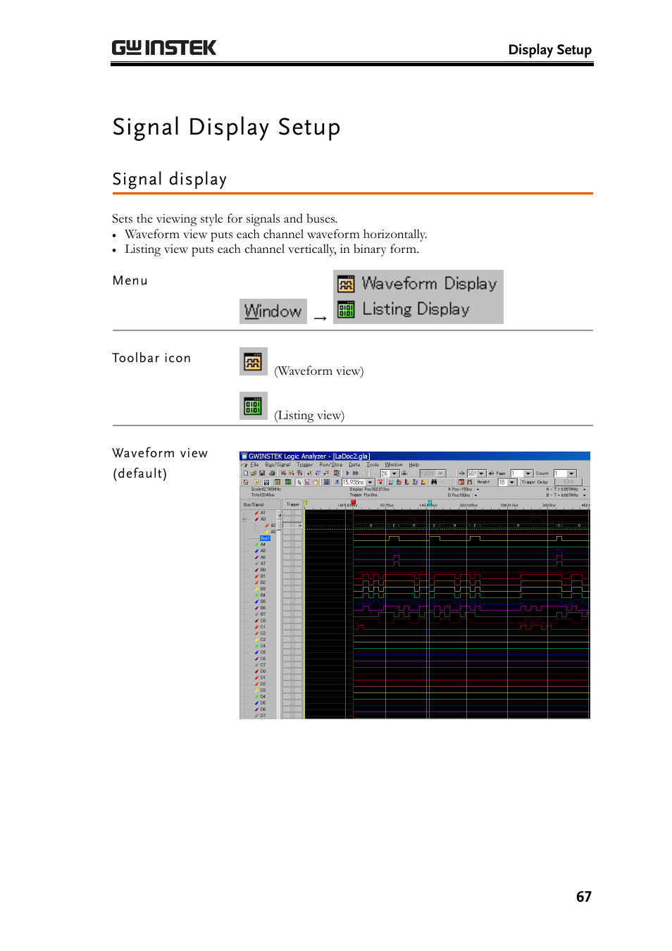 Signal display setup, Signal display, E67) | GW Instek GLA-1000 Series User Manual User Manual | Page 67 / 111