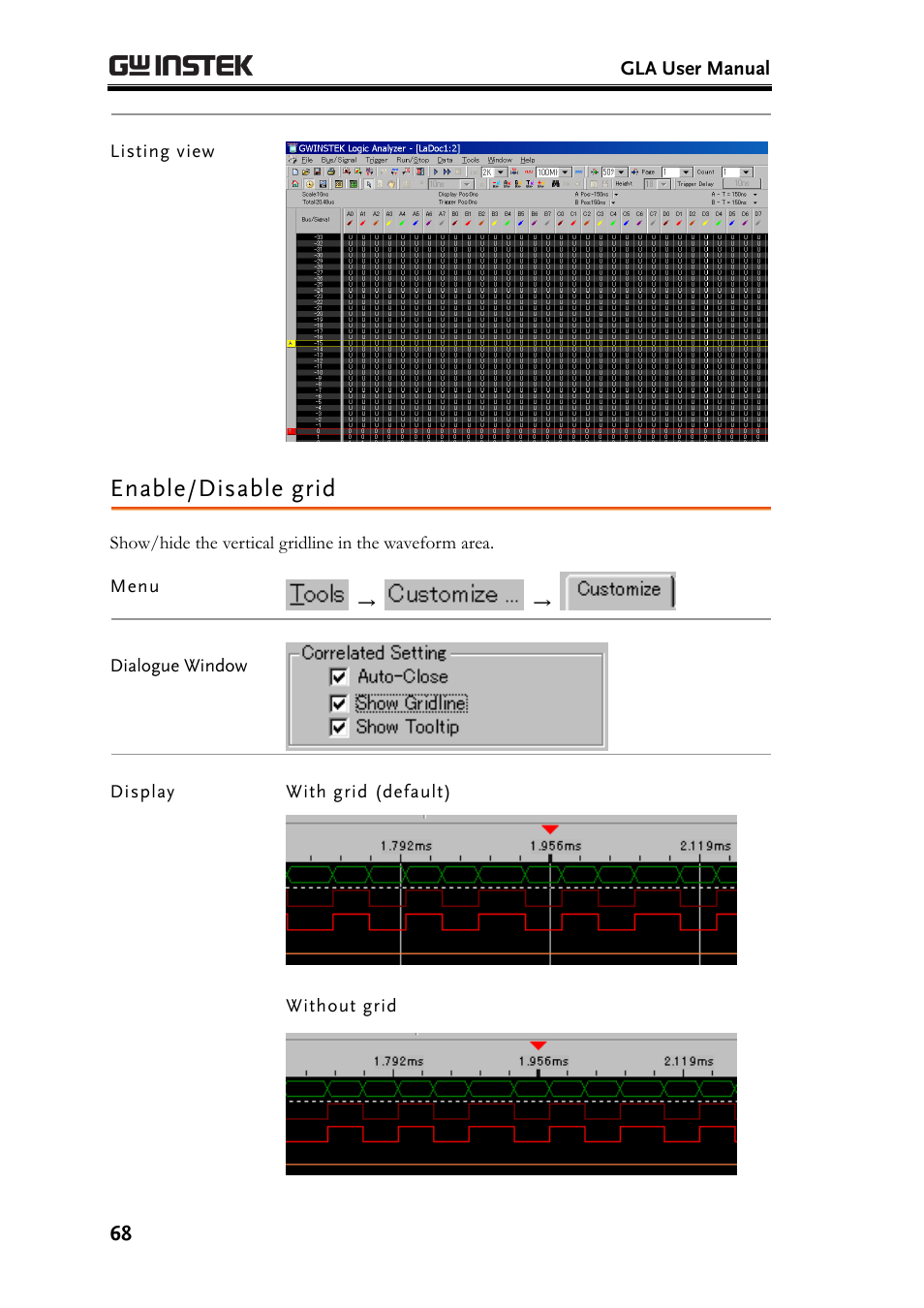 Enable/disable grid | GW Instek GLA-1000 Series User Manual User Manual | Page 68 / 111