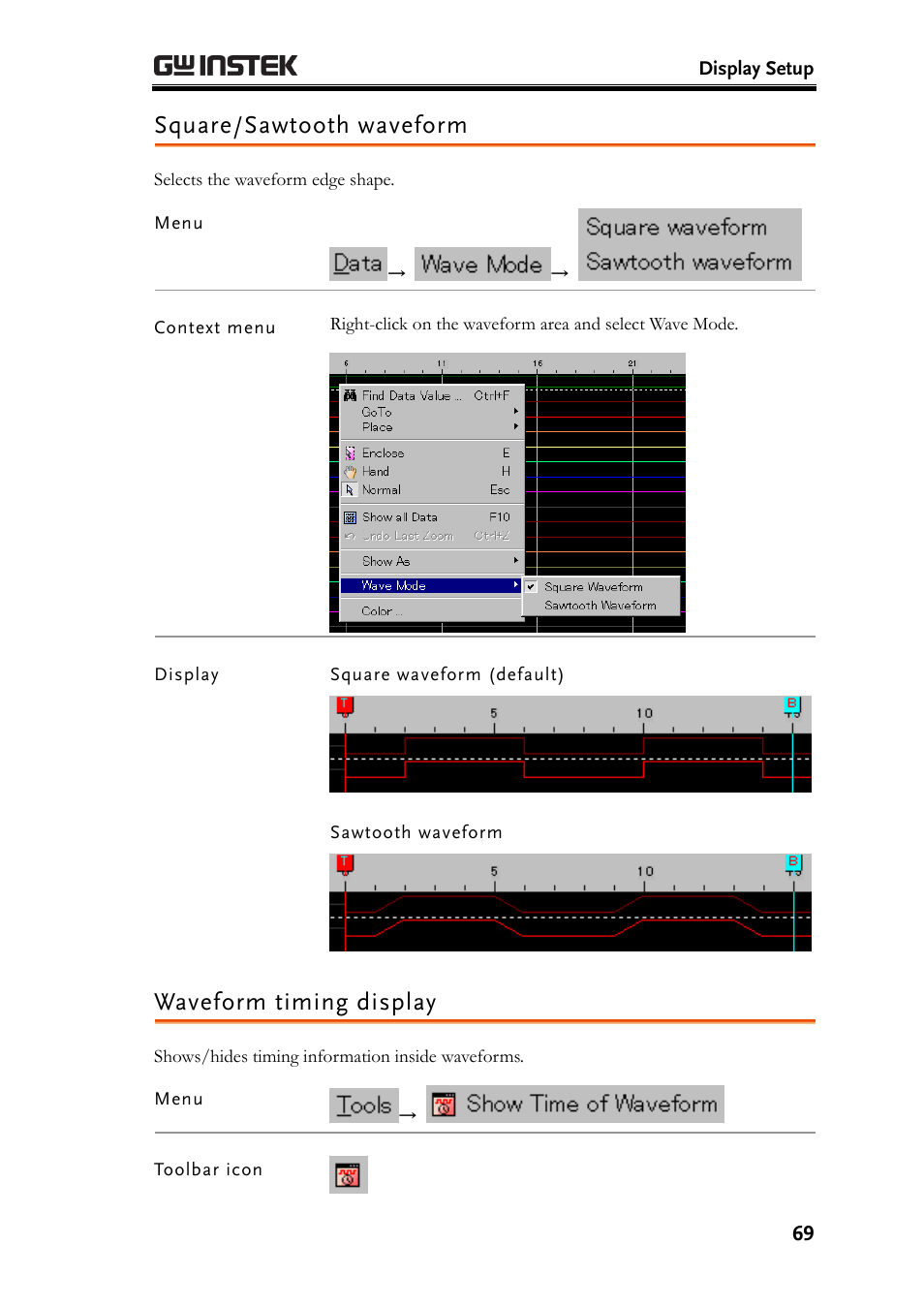 Square/sawtooth waveform, Waveform timing display | GW Instek GLA-1000 Series User Manual User Manual | Page 69 / 111