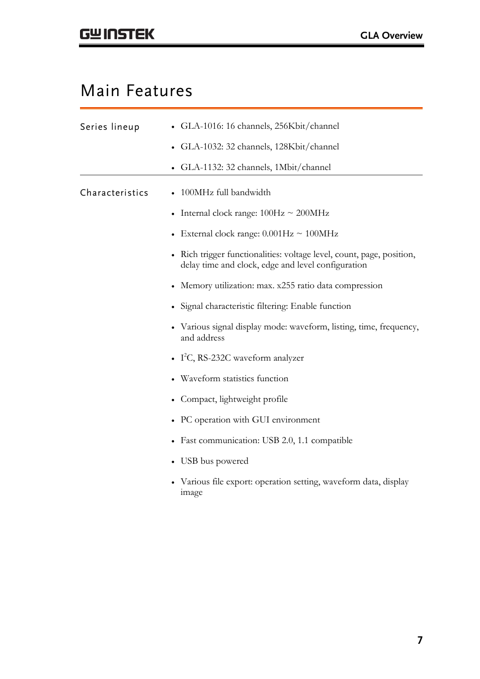 Main features, Series lineup, Characteristics | Gla overview, 100mhz full bandwidth, Signal characteristic filtering: enable function, C, rs-232c waveform analyzer, Waveform statistics function, Compact, lightweight profile, Pc operation with gui environment | GW Instek GLA-1000 Series User Manual User Manual | Page 7 / 111