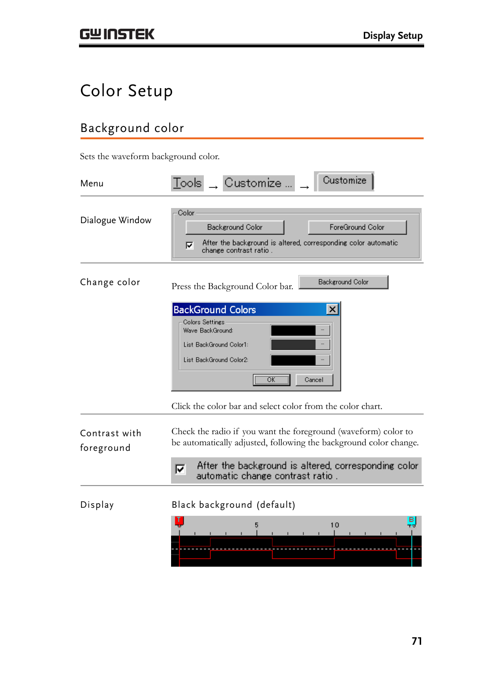 Color setup, Background color | GW Instek GLA-1000 Series User Manual User Manual | Page 71 / 111