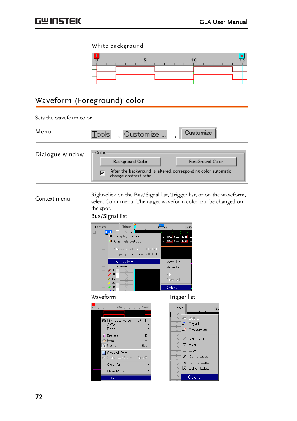 Waveform (foreground) color | GW Instek GLA-1000 Series User Manual User Manual | Page 72 / 111