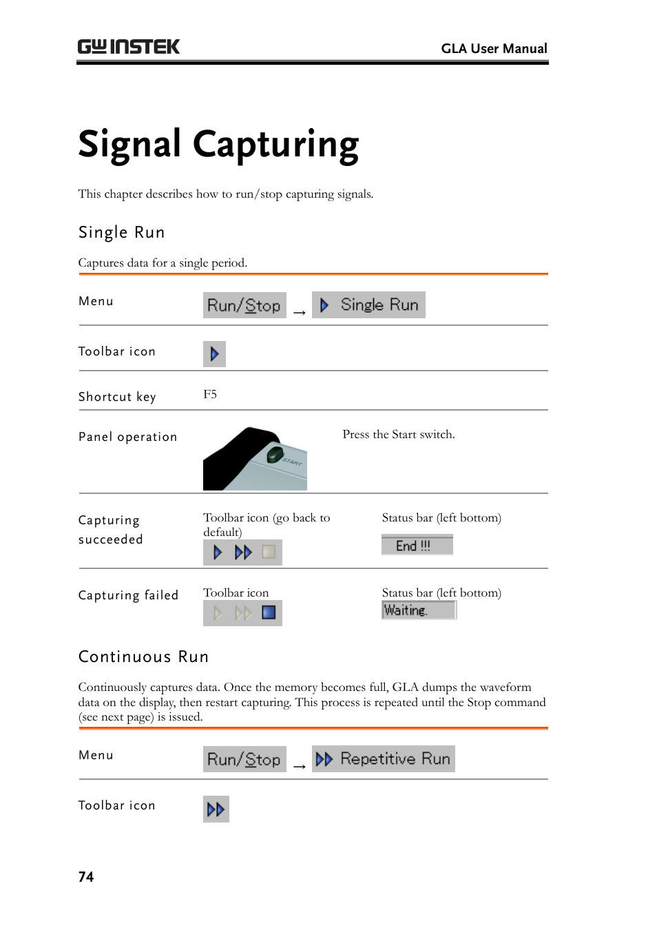 Signal capturing, Single run, Continuous run | E74) | GW Instek GLA-1000 Series User Manual User Manual | Page 74 / 111