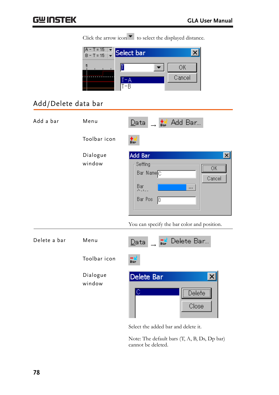 Add/delete data bar | GW Instek GLA-1000 Series User Manual User Manual | Page 78 / 111