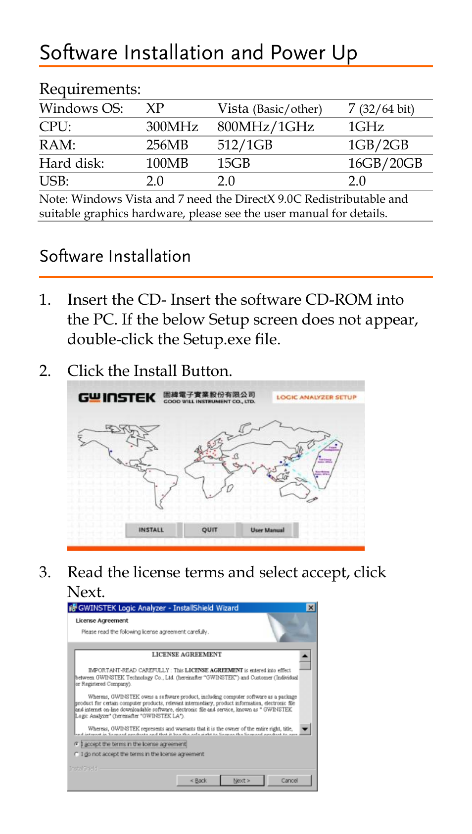 Software installation and power up, Software installation | GW Instek GLA-1000 Series Quick start guide User Manual | Page 13 / 20