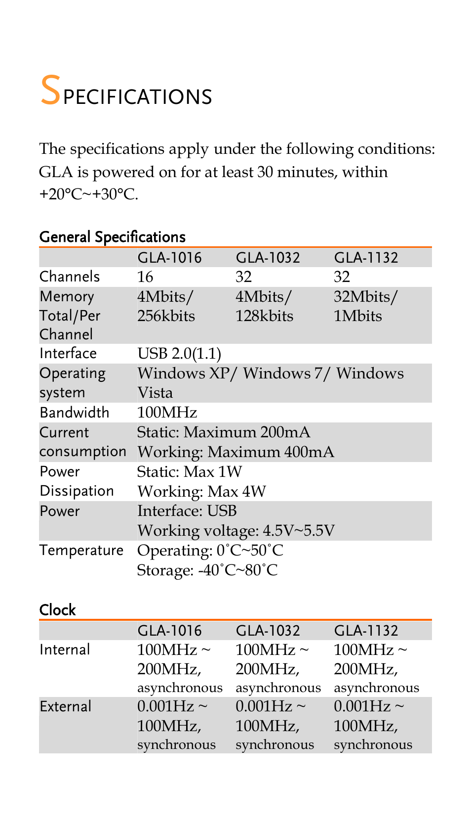 Specifications, General specifications, Clock | Pecifications | GW Instek GLA-1000 Series Quick start guide User Manual | Page 18 / 20