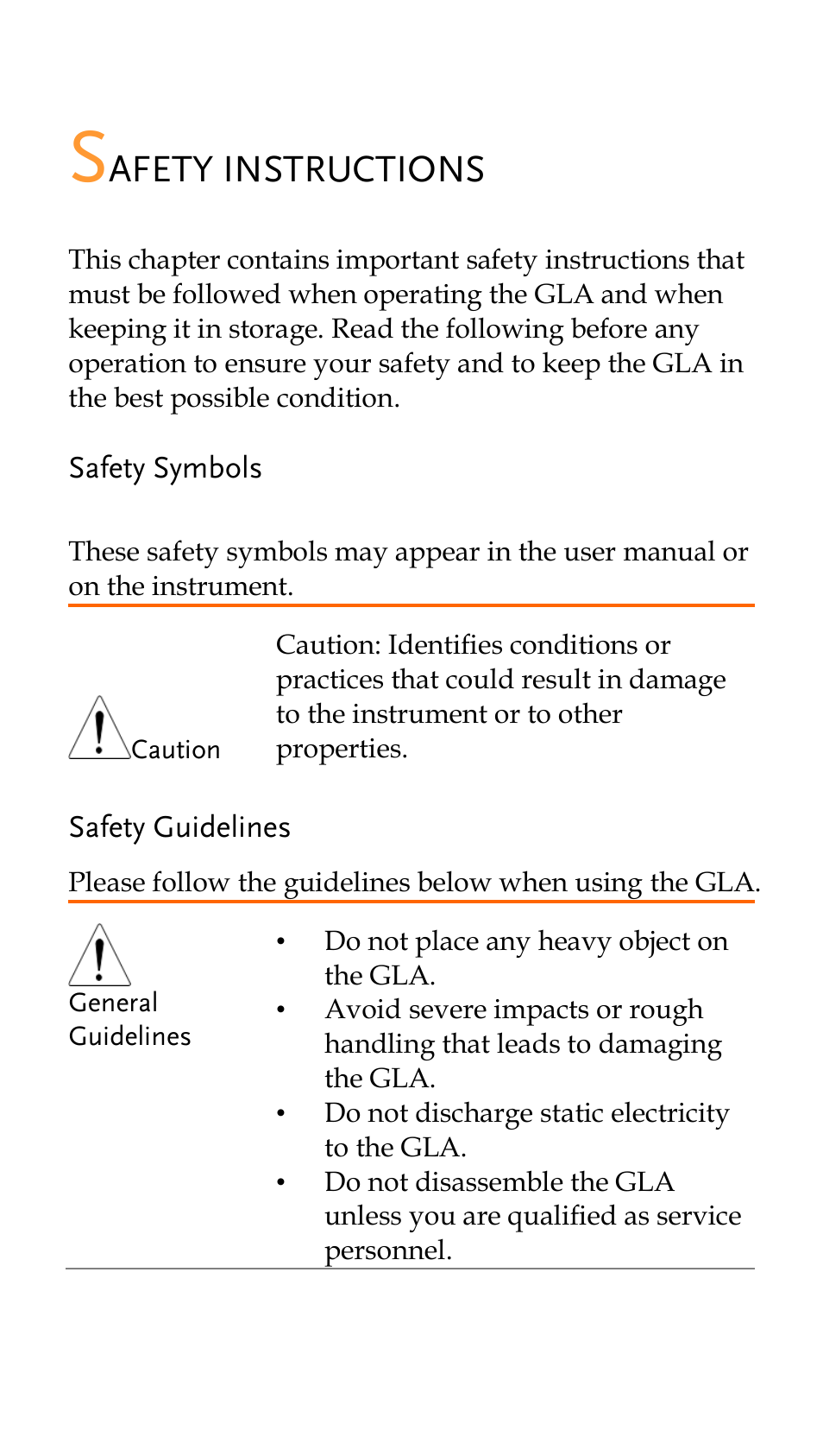 Safety instructions, Safety guidelines, Afety instructions | GW Instek GLA-1000 Series Quick start guide User Manual | Page 3 / 20