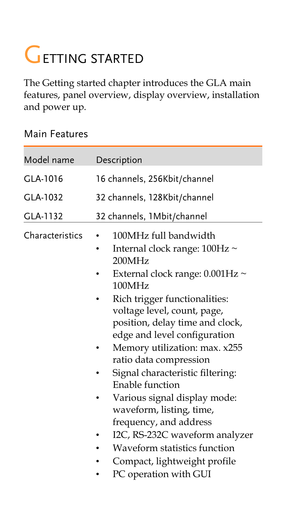 Getting started, Main features, Etting started | GW Instek GLA-1000 Series Quick start guide User Manual | Page 5 / 20