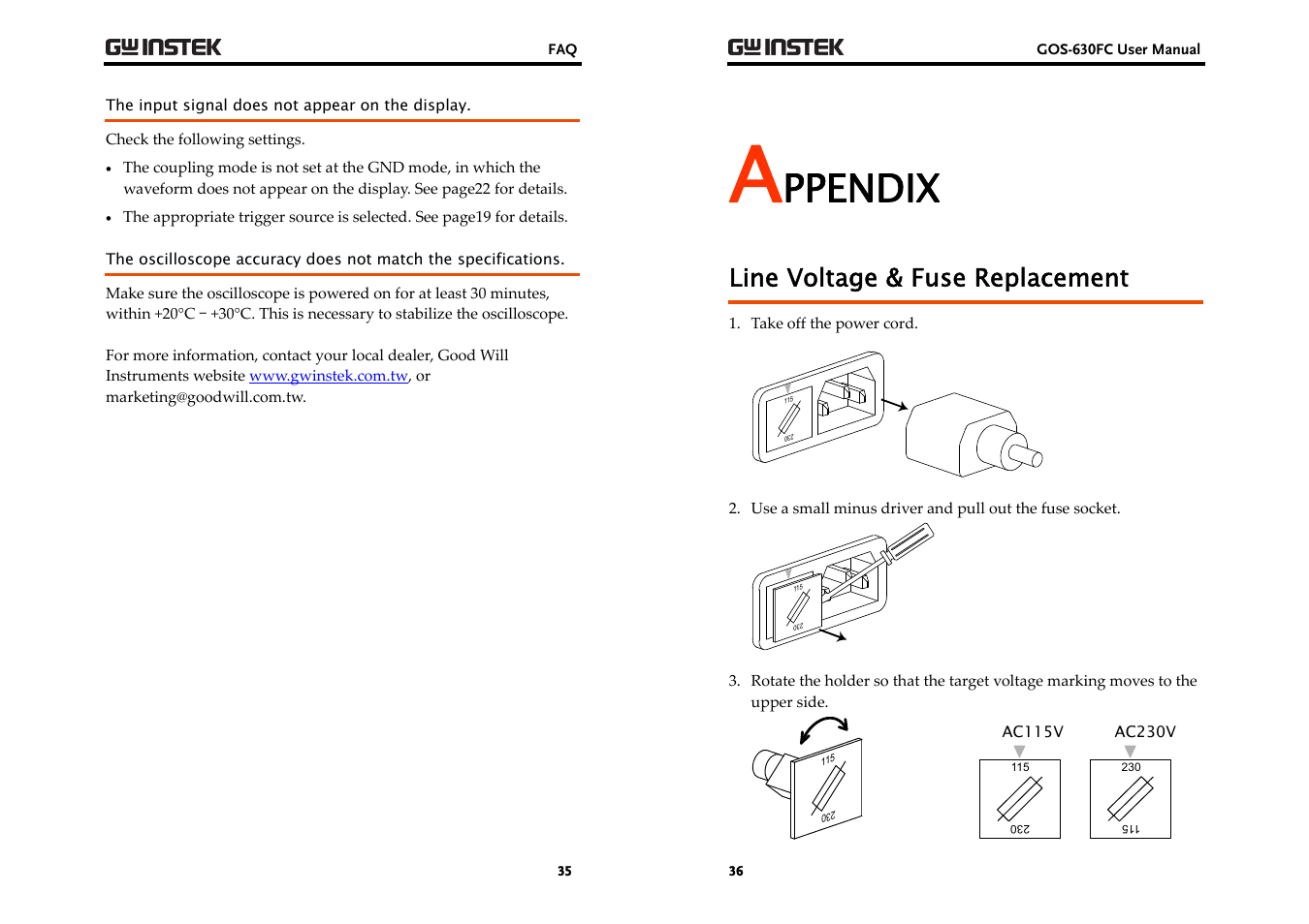 Ppendix, Line voltage & fuse replacement | GW Instek GOS-630FC User Manual | Page 18 / 20