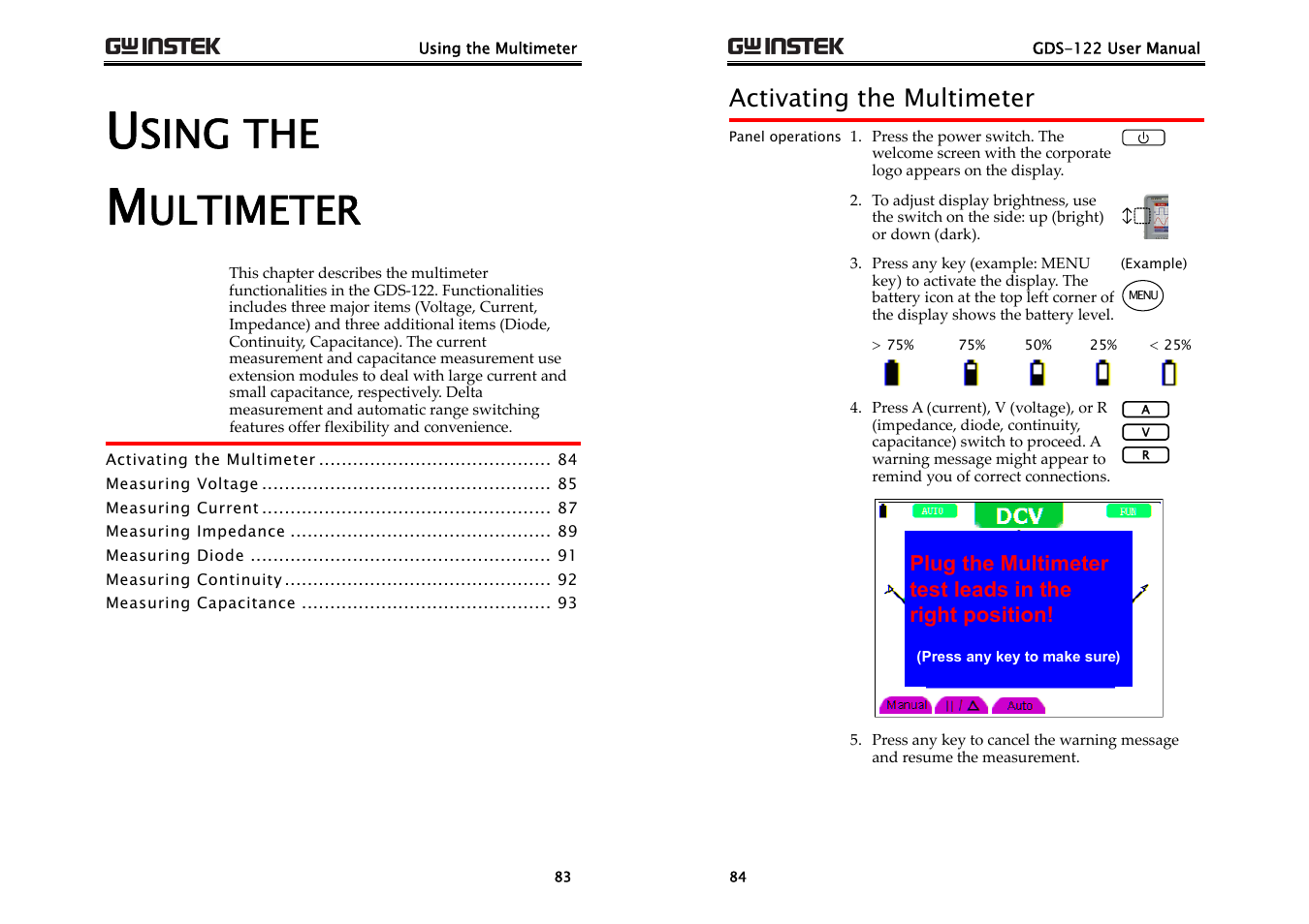 Sing the, Ultimeter, Activating the multimeter | GW Instek GDS-122 User Manual User Manual | Page 42 / 52