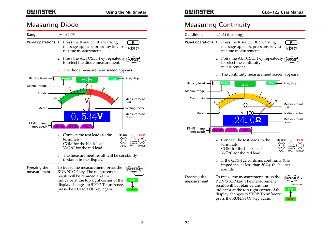 Measuring diode, Measuring continuity | GW Instek GDS-122 User Manual User Manual | Page 46 / 52