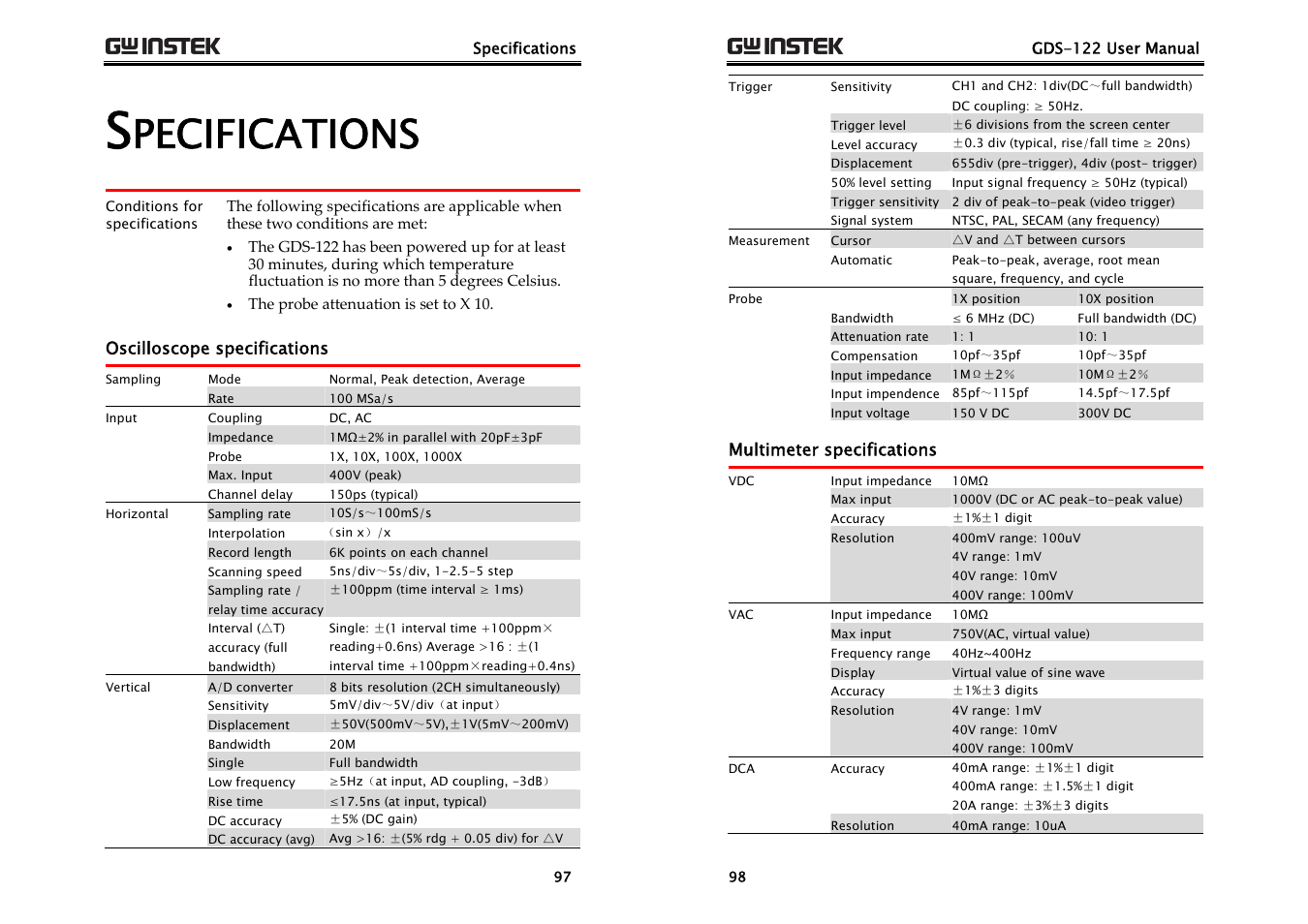 Pecifications | GW Instek GDS-122 User Manual User Manual | Page 49 / 52