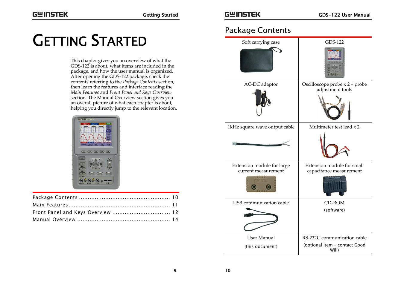 Etting, Tarted, Package contents | GW Instek GDS-122 User Manual User Manual | Page 5 / 52