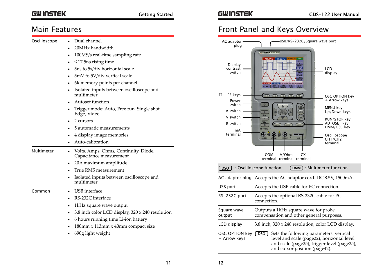 Main features, Front panel and keys overview | GW Instek GDS-122 User Manual User Manual | Page 6 / 52