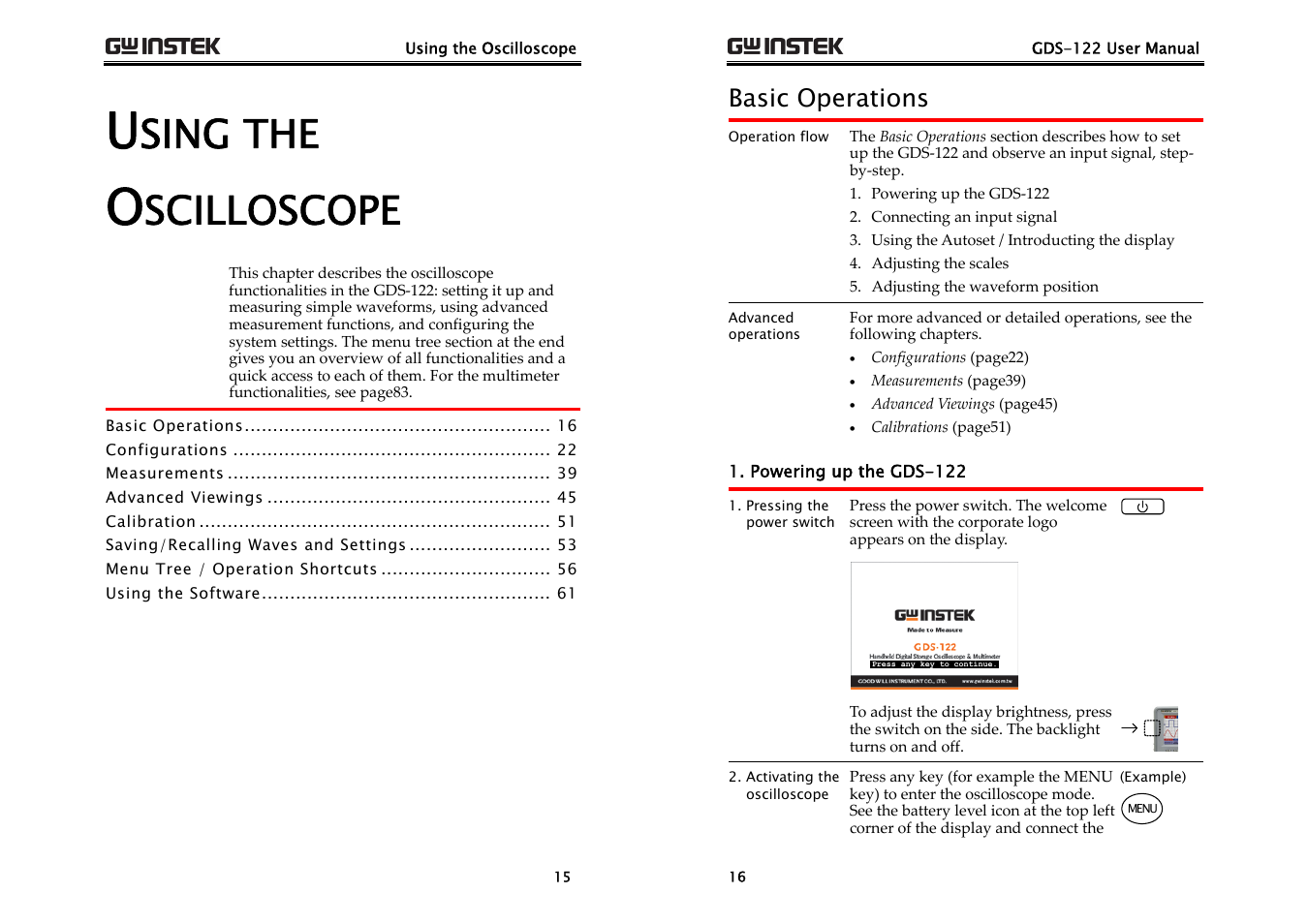 Sing the, Scilloscope, Basic operations | GW Instek GDS-122 User Manual User Manual | Page 8 / 52