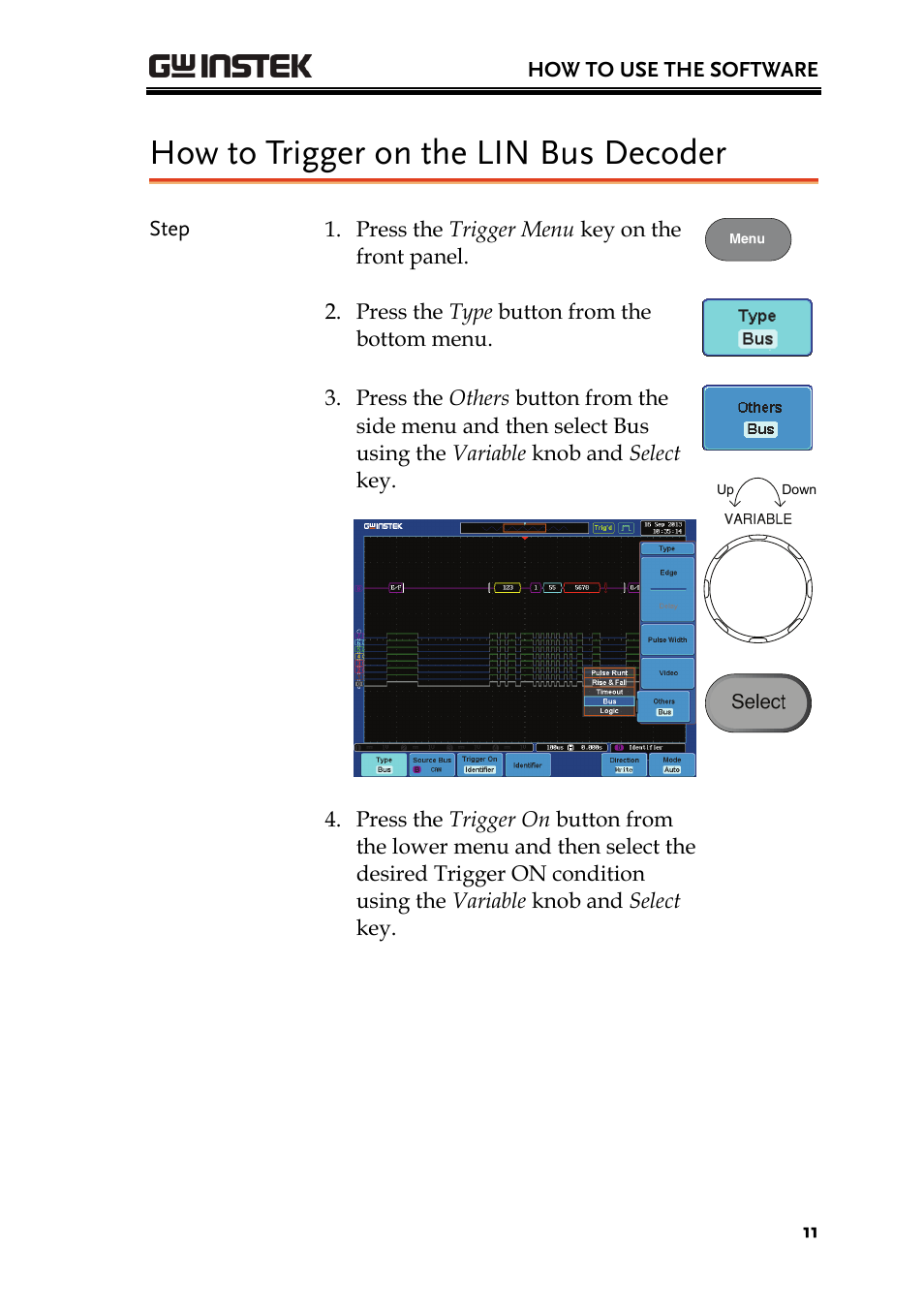 How to trigger on the lin bus decoder | GW Instek GDS-2000A series CAN/LIN bus User Manual User Manual | Page 13 / 18