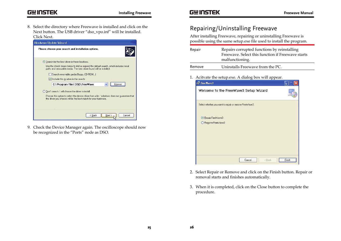 Repairing/uninstalling freewave | GW Instek GDS-3000 Series Freewave User Manual User Manual | Page 13 / 26