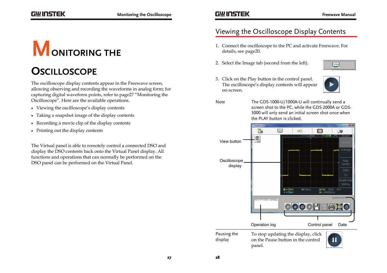 Onitoring the, Scilloscope, Viewing the oscilloscope display contents | GW Instek GDS-3000 Series Freewave User Manual User Manual | Page 14 / 26