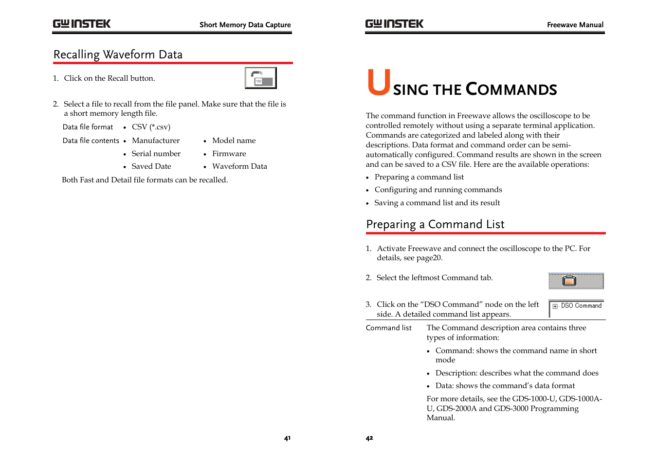 Sing the, Ommands, Recalling waveform data | Preparing a command list | GW Instek GDS-3000 Series Freewave User Manual User Manual | Page 21 / 26