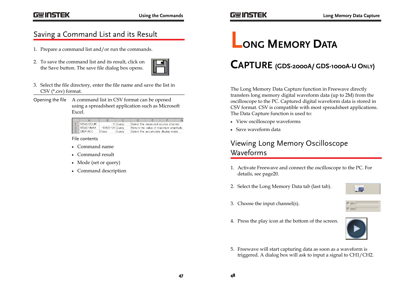 Emory, Apture, Saving a command list and its result | GW Instek GDS-3000 Series Freewave User Manual User Manual | Page 24 / 26