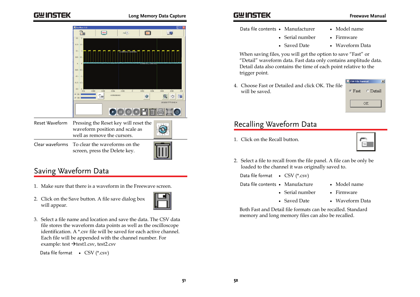 Saving waveform data, Recalling waveform data | GW Instek GDS-3000 Series Freewave User Manual User Manual | Page 26 / 26