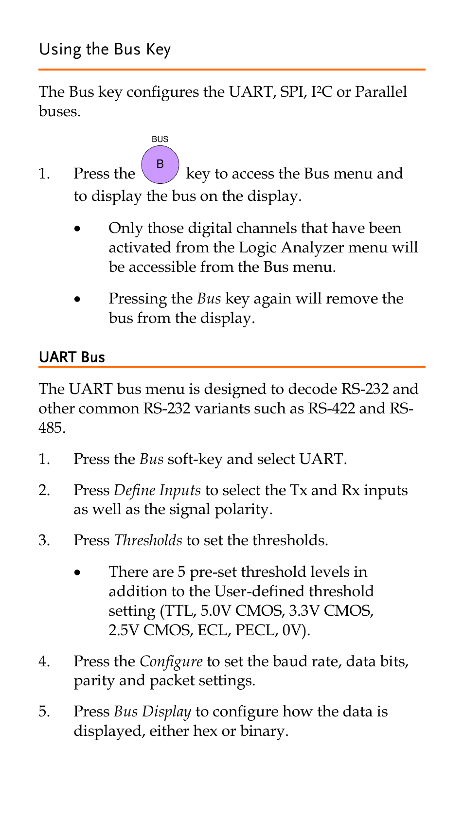 Using the bus key, Uart bus | GW Instek GDS-2000A series Quick start guide for Logic analyzer option User Manual | Page 10 / 18