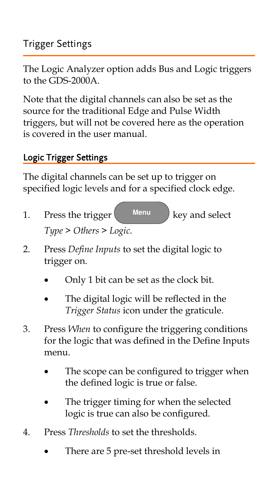 Trigger settings, Logic trigger settings | GW Instek GDS-2000A series Quick start guide for Logic analyzer option User Manual | Page 14 / 18