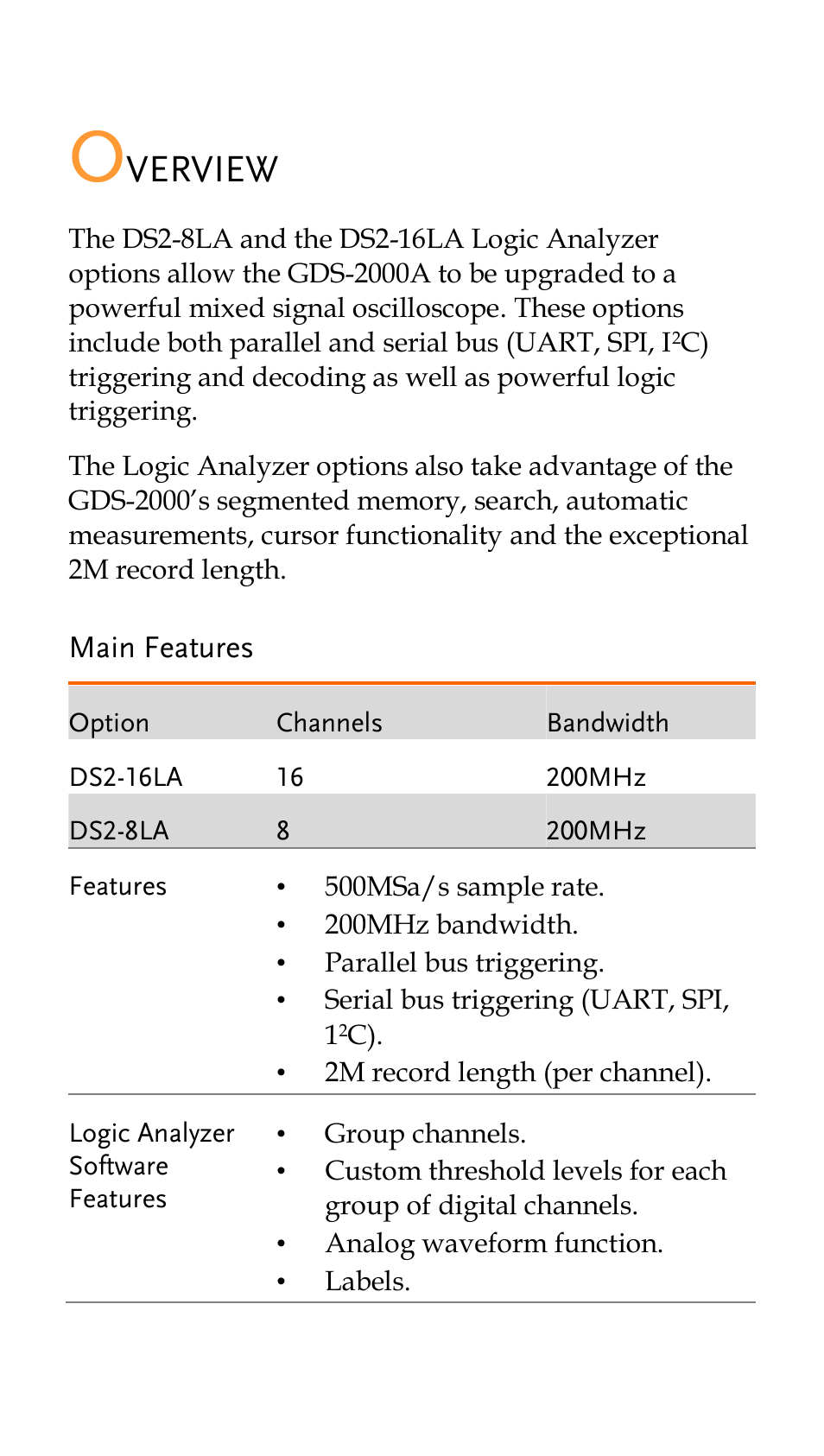 Overview, Main features, Verview | GW Instek GDS-2000A series Quick start guide for Logic analyzer option User Manual | Page 3 / 18