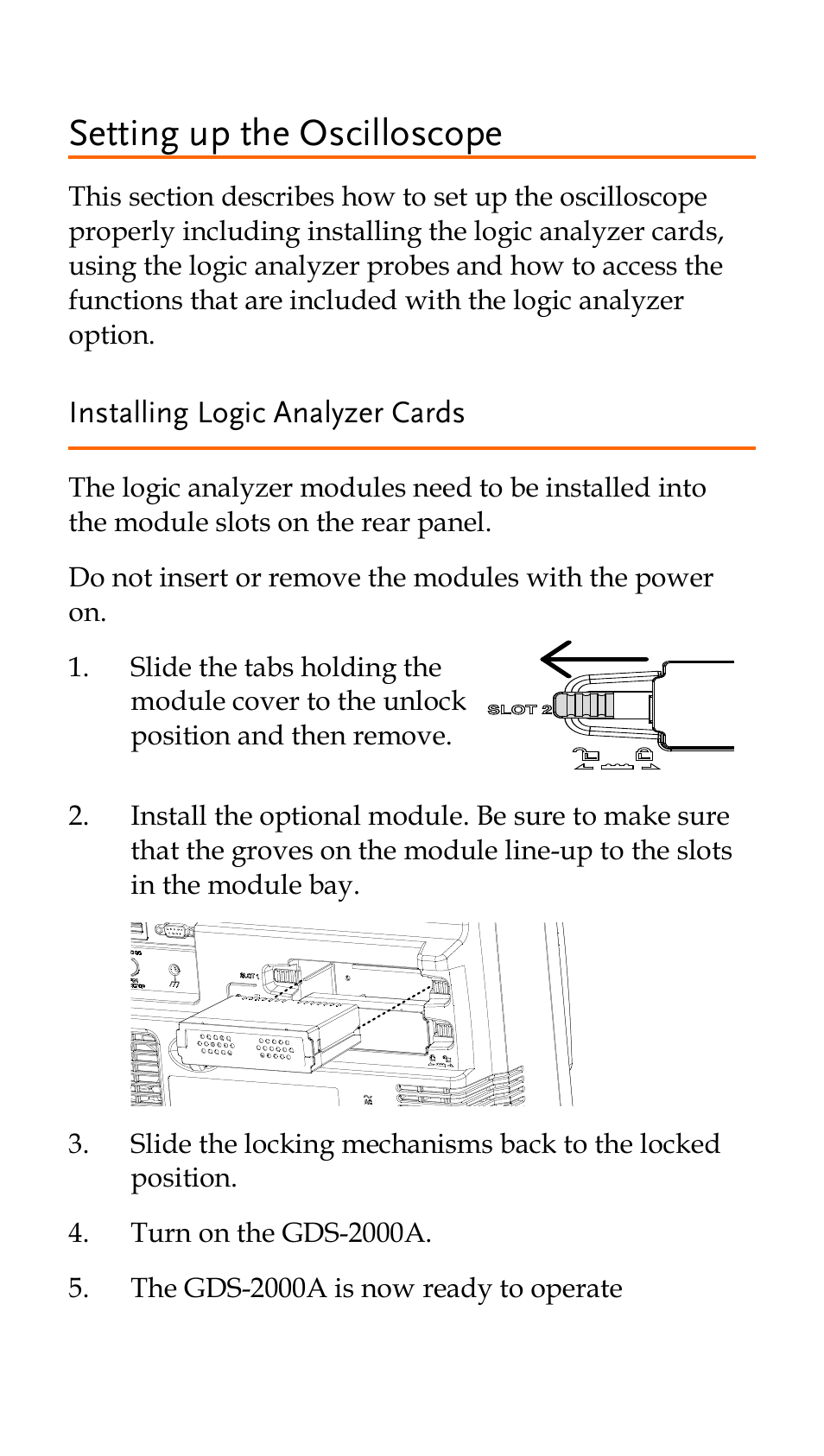 Setting up the oscilloscope, Installing logic analyzer cards | GW Instek GDS-2000A series Quick start guide for Logic analyzer option User Manual | Page 7 / 18