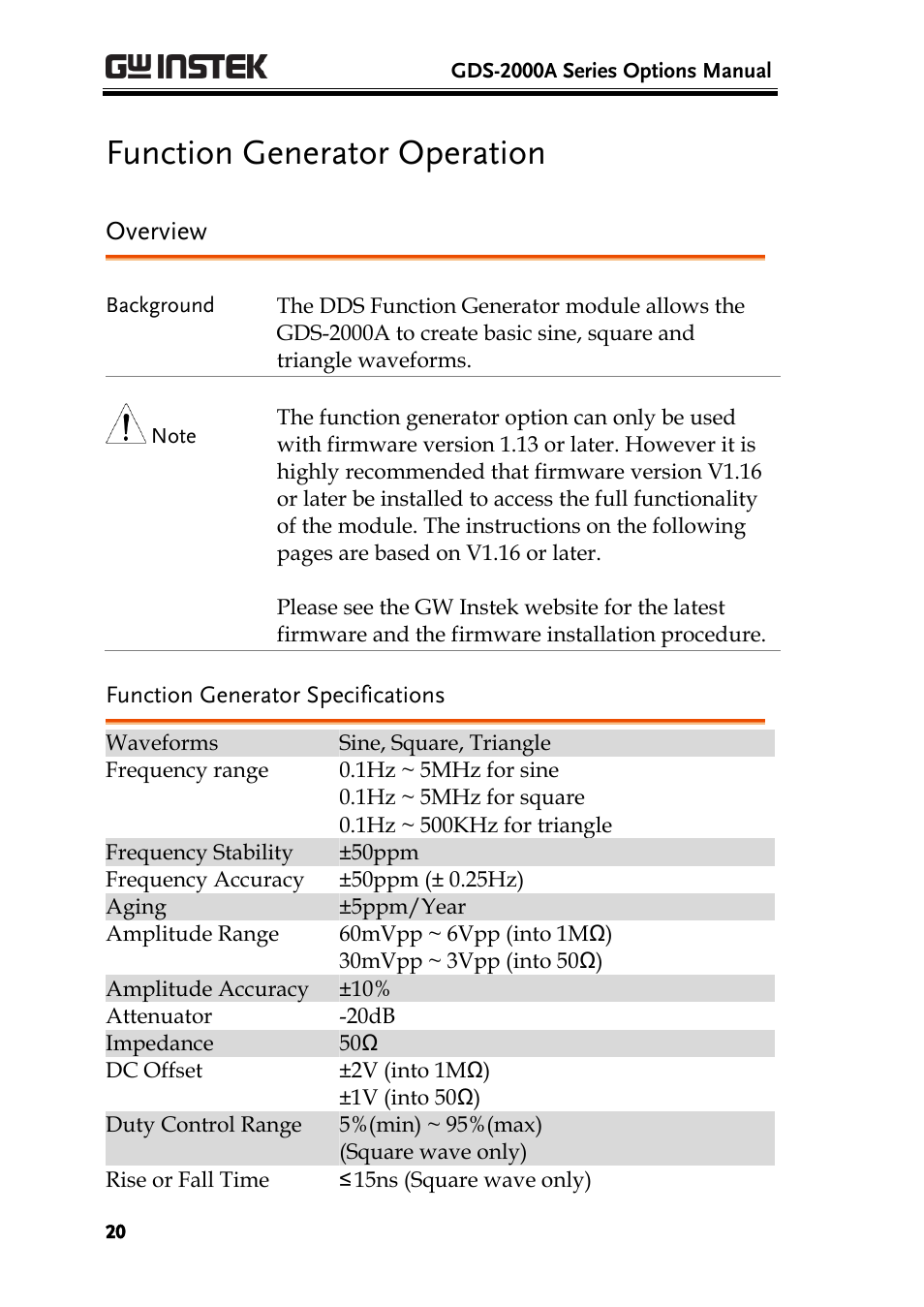 Function generator operation, Overview, Function generator specifications | GW Instek GDS-2000A series Option User Manual User Manual | Page 20 / 80