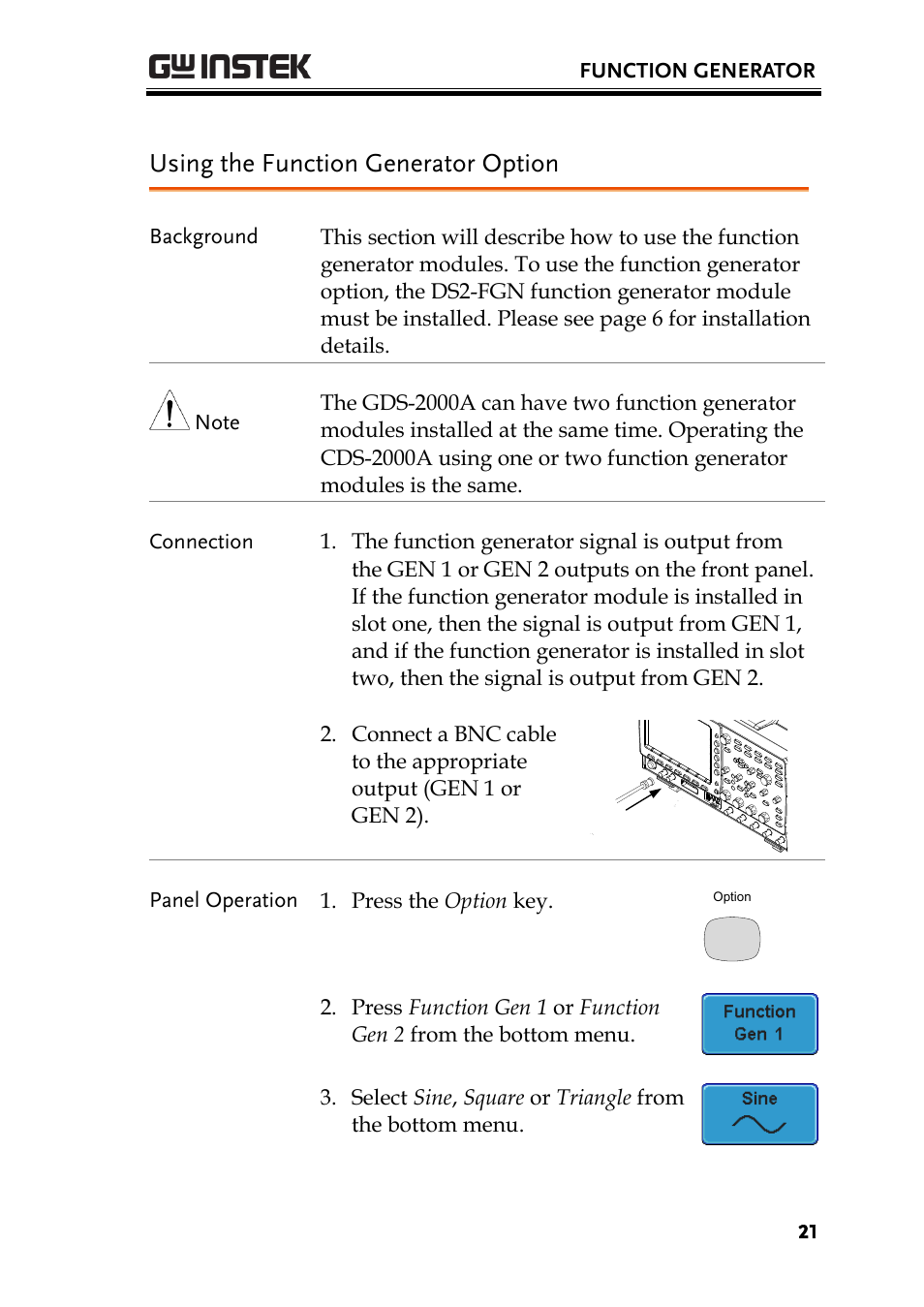 Using the function generator option | GW Instek GDS-2000A series Option User Manual User Manual | Page 21 / 80