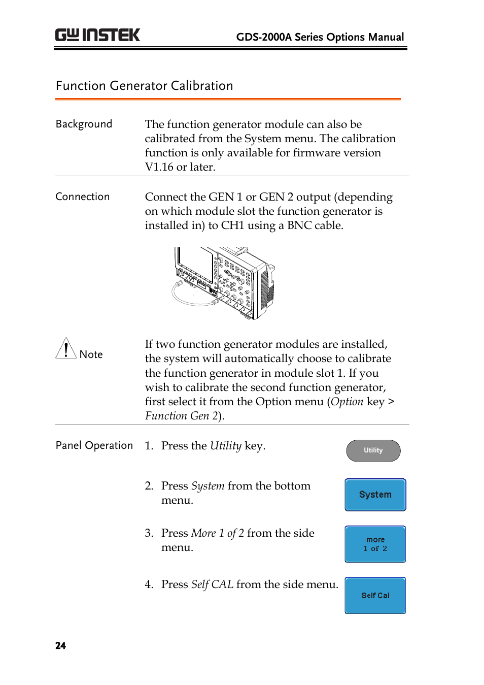 Function generator calibrati on, Function generator calibration | GW Instek GDS-2000A series Option User Manual User Manual | Page 24 / 80
