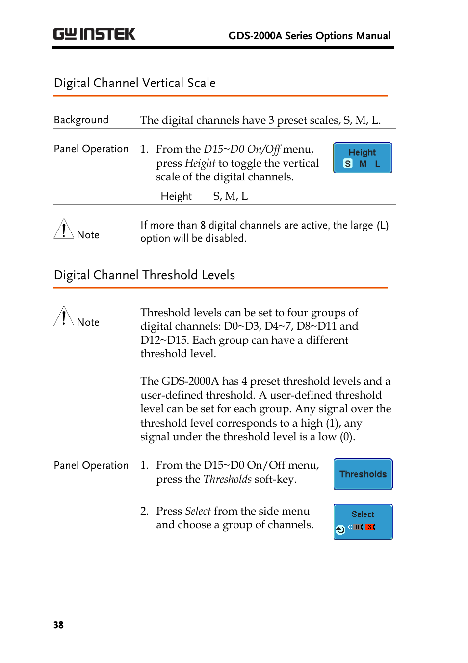 Digital channel vertical scale, Digital channel threshold levels | GW Instek GDS-2000A series Option User Manual User Manual | Page 38 / 80