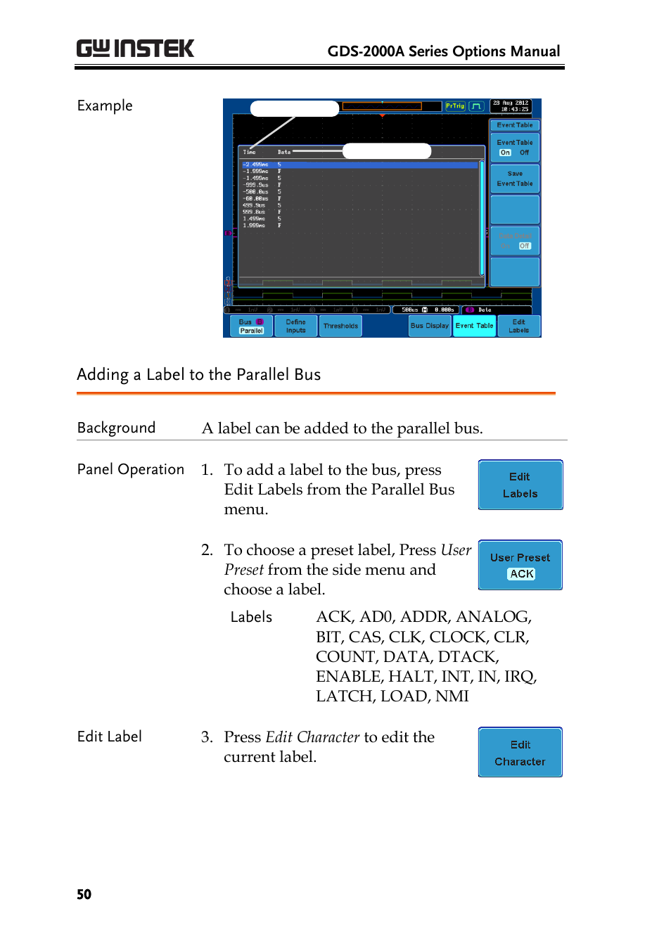 Adding a label to the parallel bus | GW Instek GDS-2000A series Option User Manual User Manual | Page 50 / 80