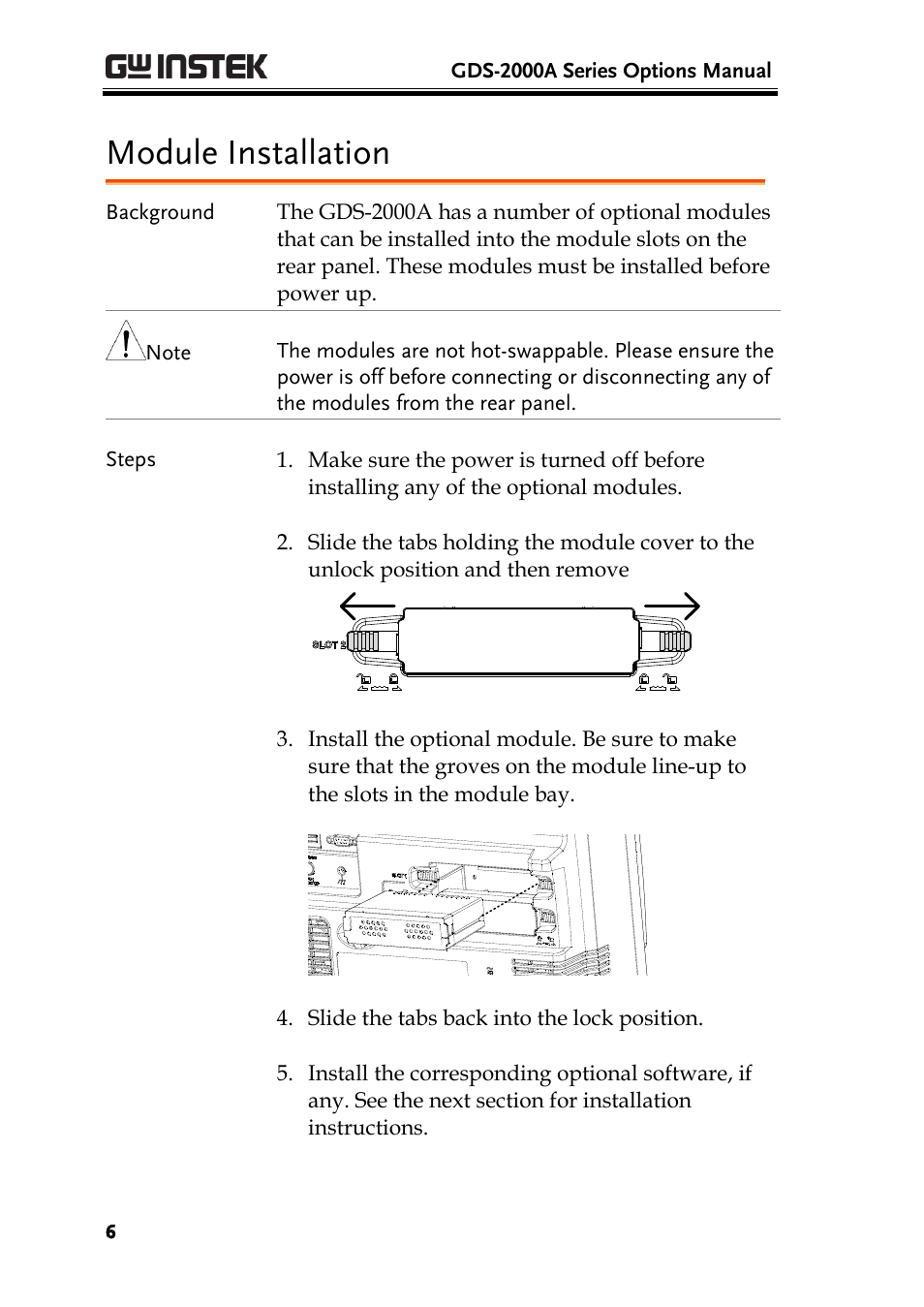 Module installation | GW Instek GDS-2000A series Option User Manual User Manual | Page 6 / 80