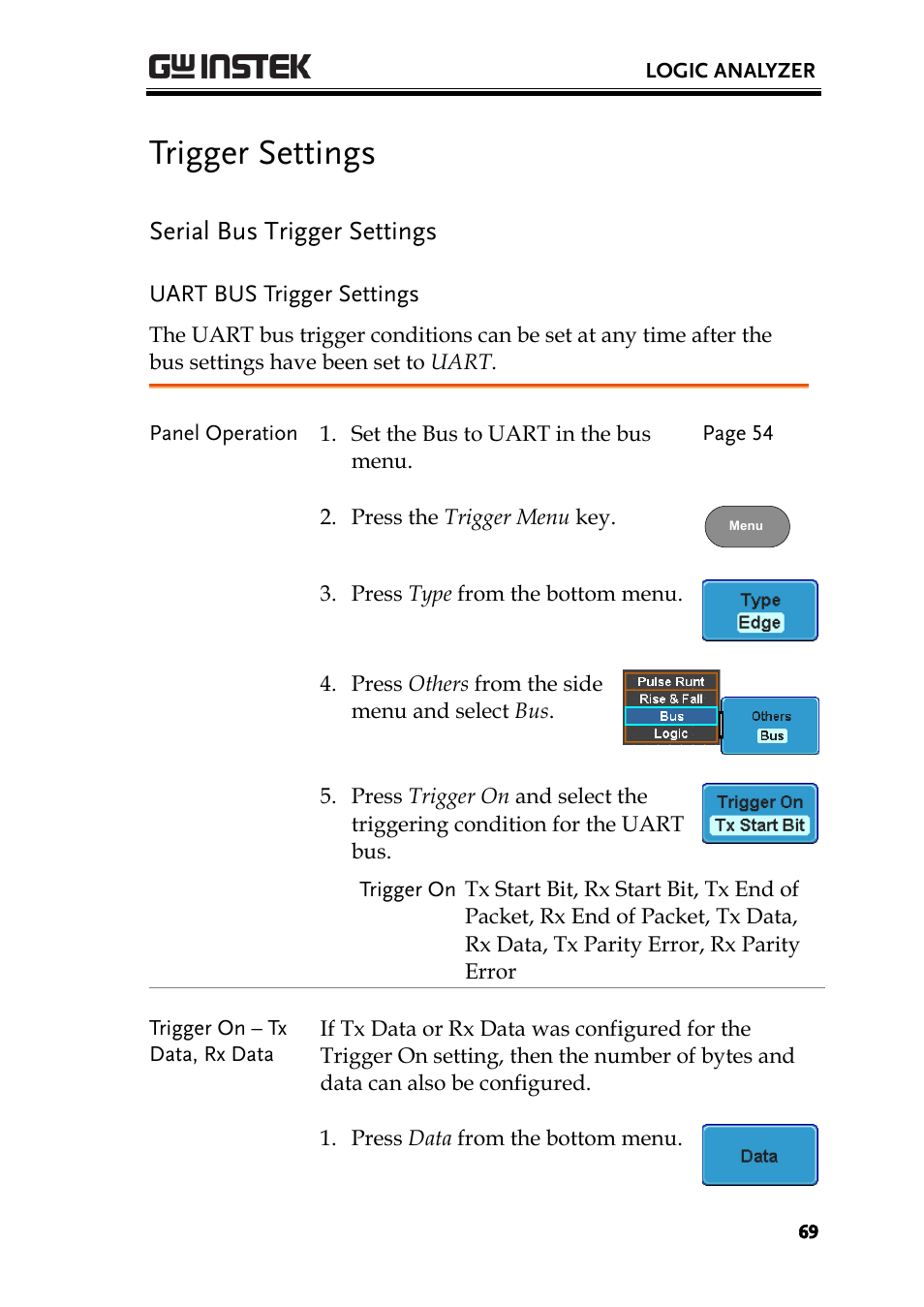 Trigger settings, Serial bus trigger settings, Uart bus trigger settings | GW Instek GDS-2000A series Option User Manual User Manual | Page 69 / 80