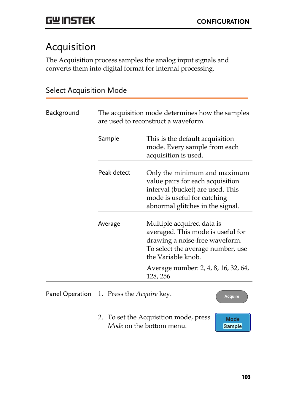 Acquisition, Select acquisition mode | GW Instek GDS-2000A series User Manual User Manual | Page 103 / 261