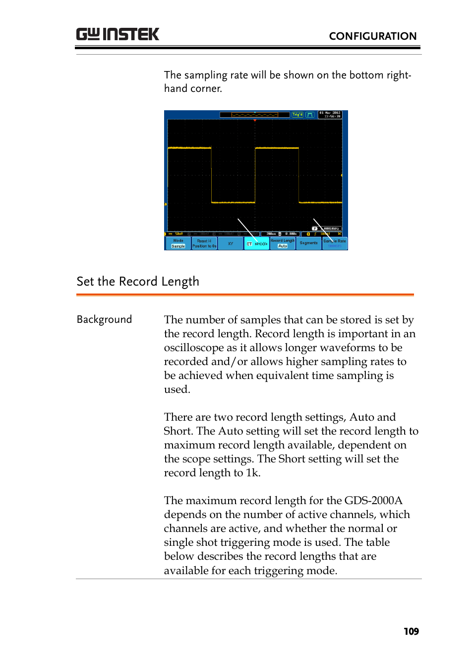 Set the record length | GW Instek GDS-2000A series User Manual User Manual | Page 109 / 261