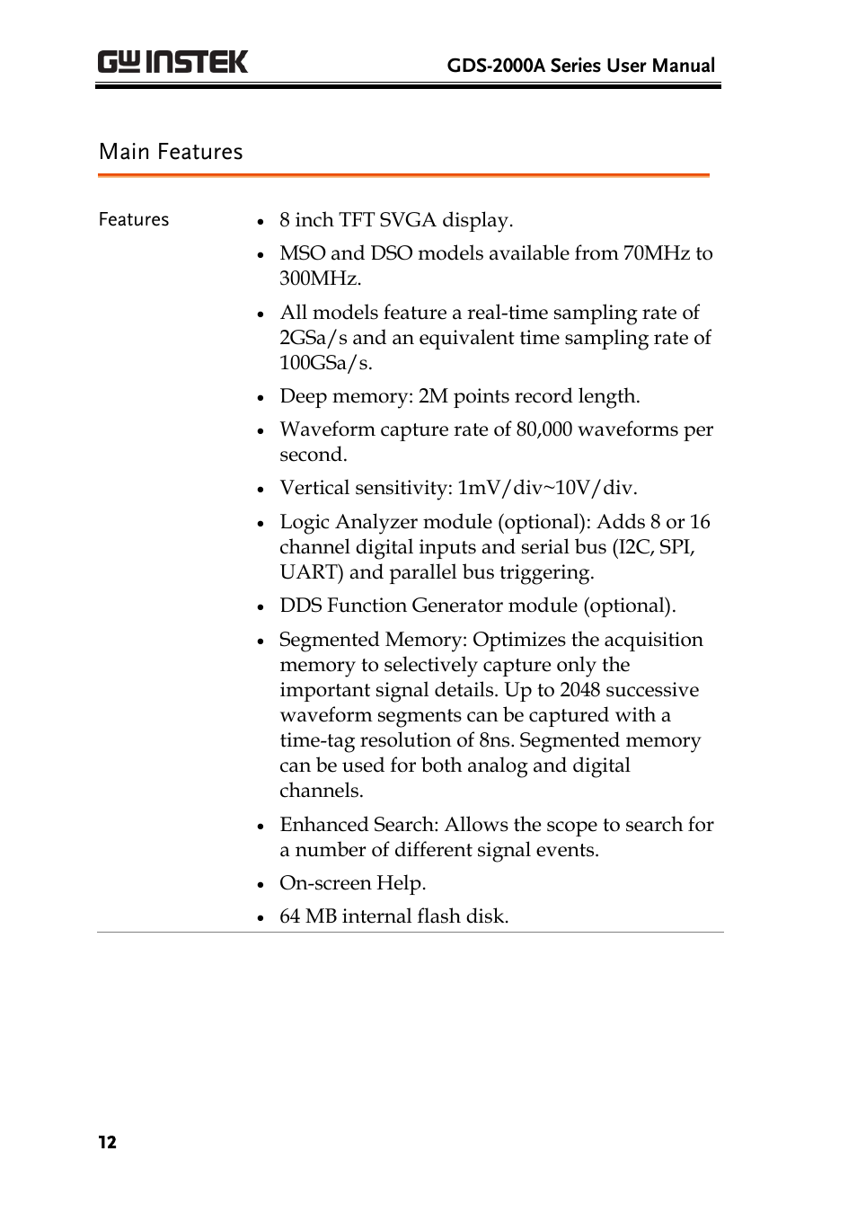 Main features | GW Instek GDS-2000A series User Manual User Manual | Page 12 / 261