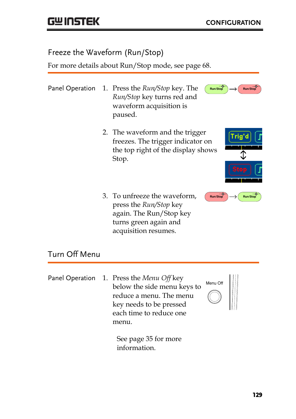 Freeze the waveform (run/stop), Turn off menu | GW Instek GDS-2000A series User Manual User Manual | Page 129 / 261