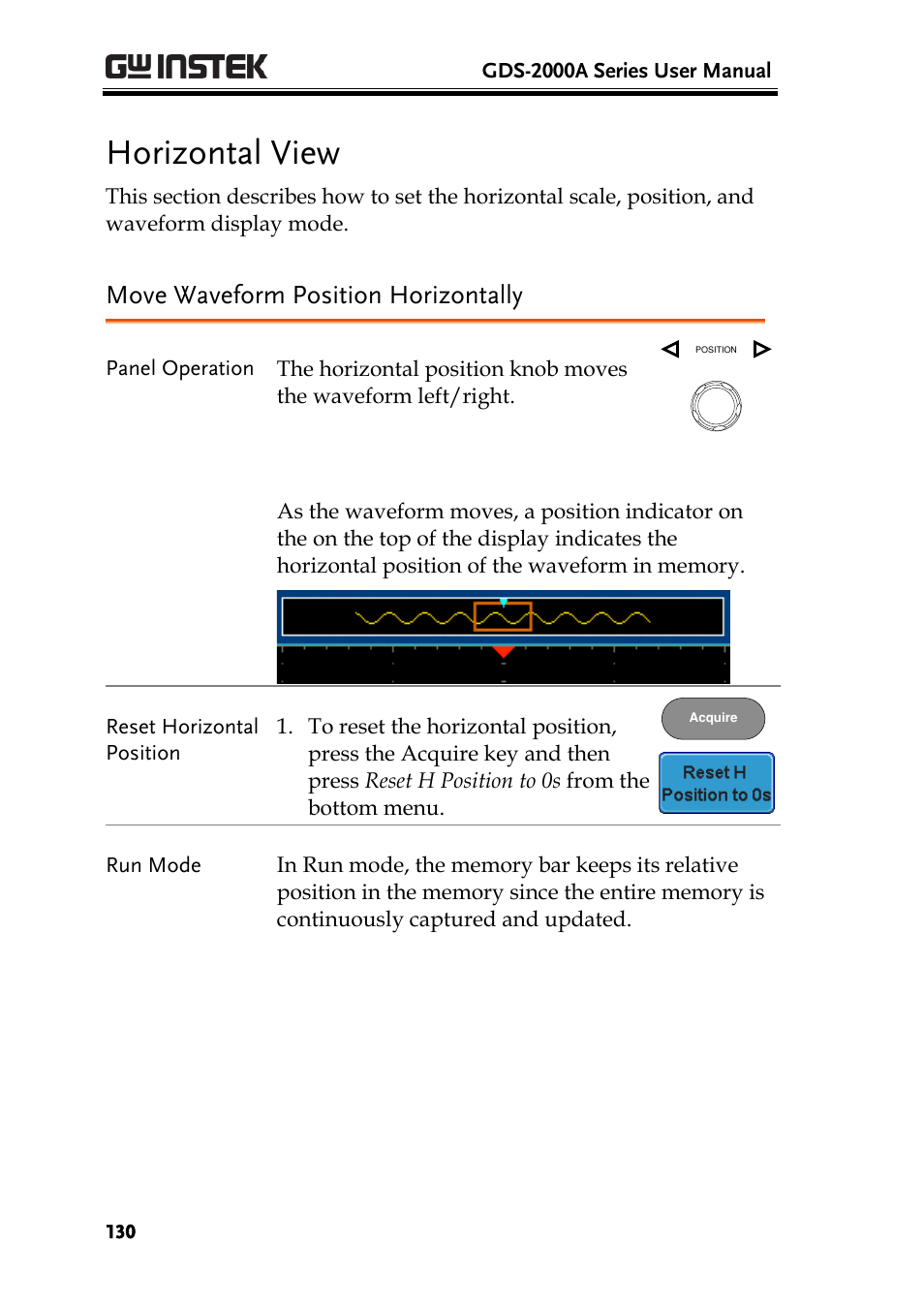 Horizontal view, Move waveform position horizontally | GW Instek GDS-2000A series User Manual User Manual | Page 130 / 261