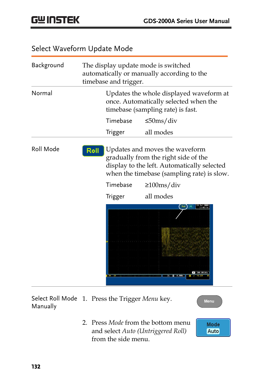 Select waveform update mode | GW Instek GDS-2000A series User Manual User Manual | Page 132 / 261