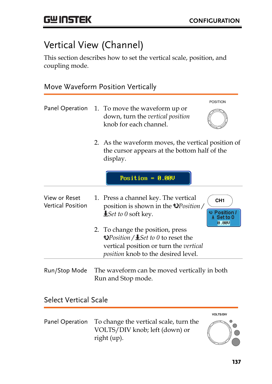 Vertical view (channel), Move waveform position vertically, Select vertical scale | GW Instek GDS-2000A series User Manual User Manual | Page 137 / 261